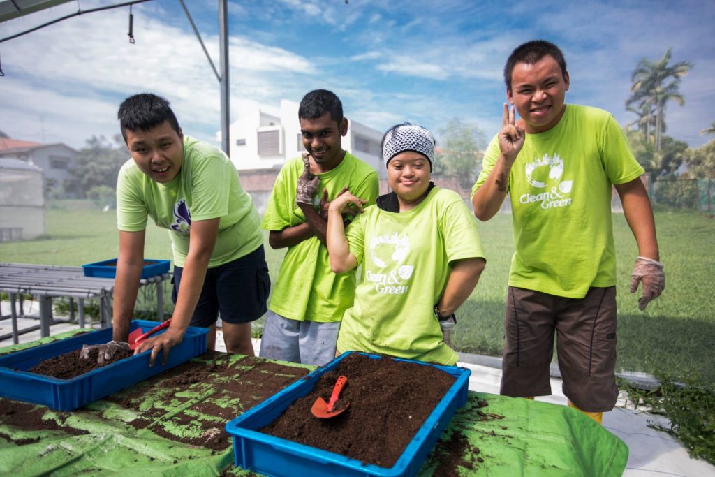 Four people in green shirts working on soil in a gardening project.