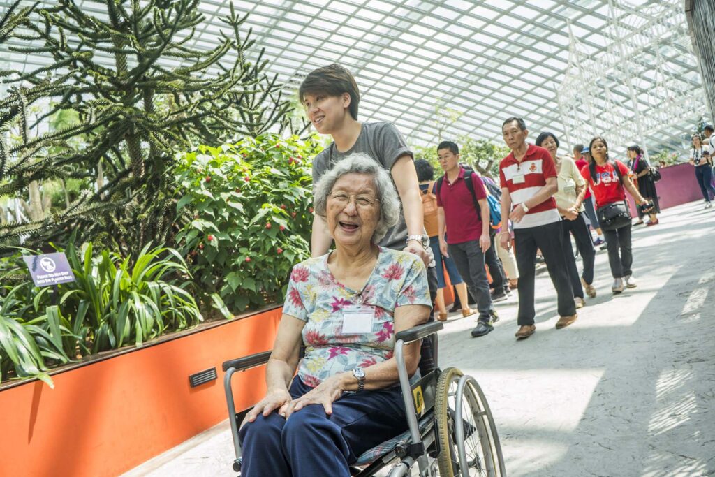 a person pushing a person in a wheelchair