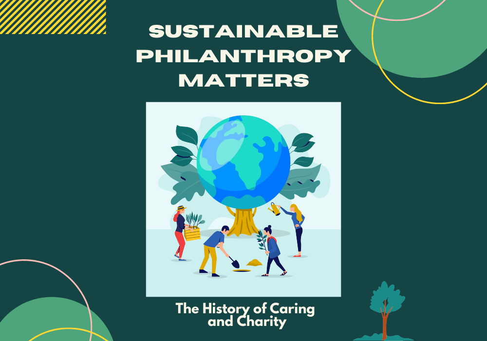 poster about sustainable philanthropy: the history of caring and charity