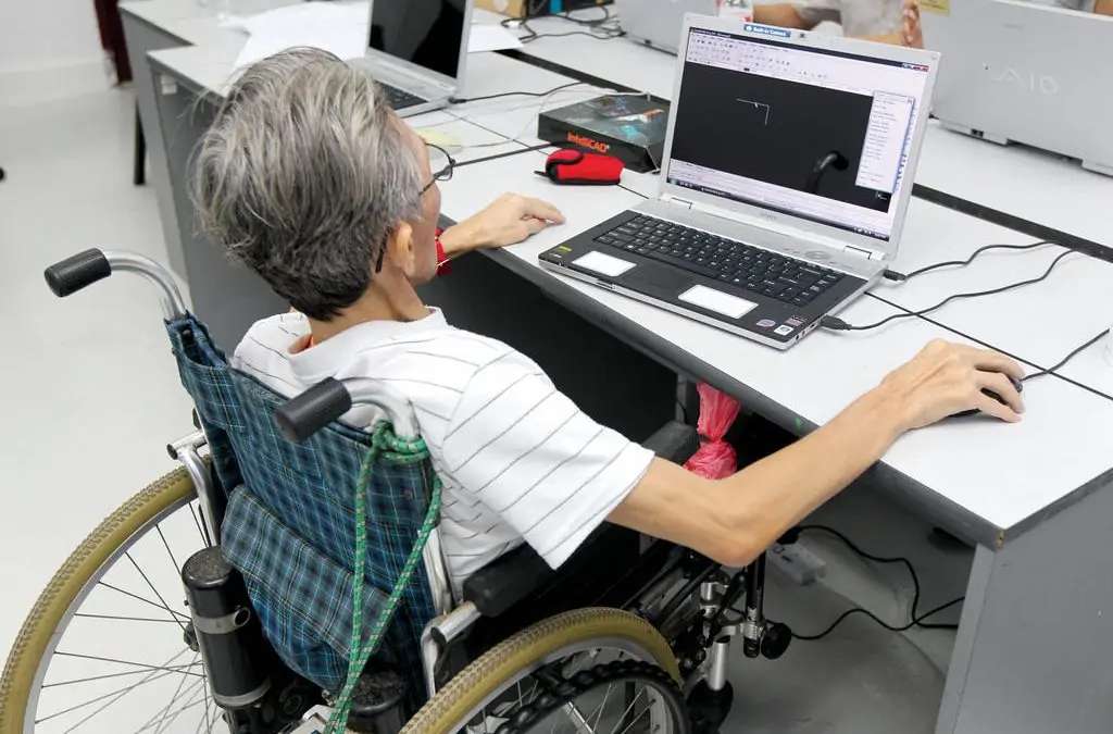 Elderly woman in wheelchair using computer to stay connected.